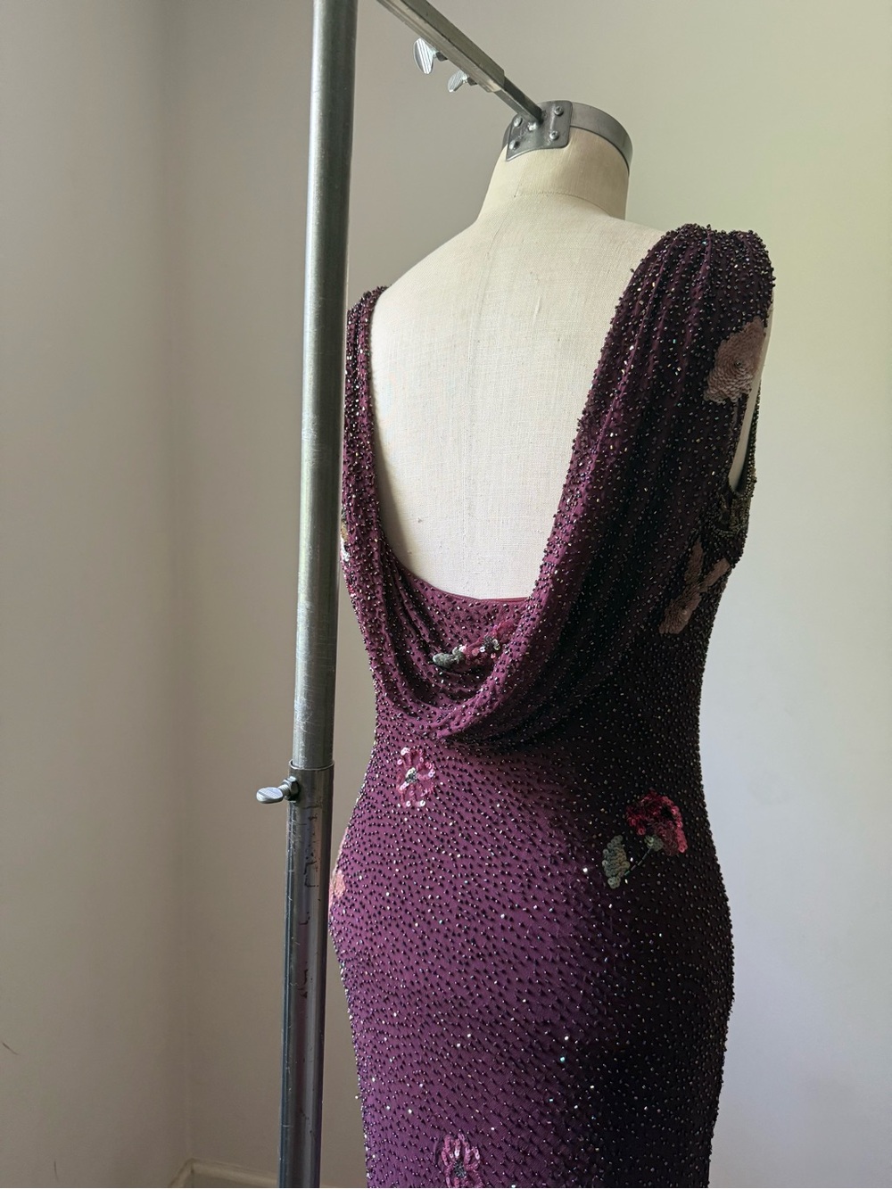 Sue Wong Embellished Burgundy Maxi Dress with Floral Beading - Picture 3 of 4